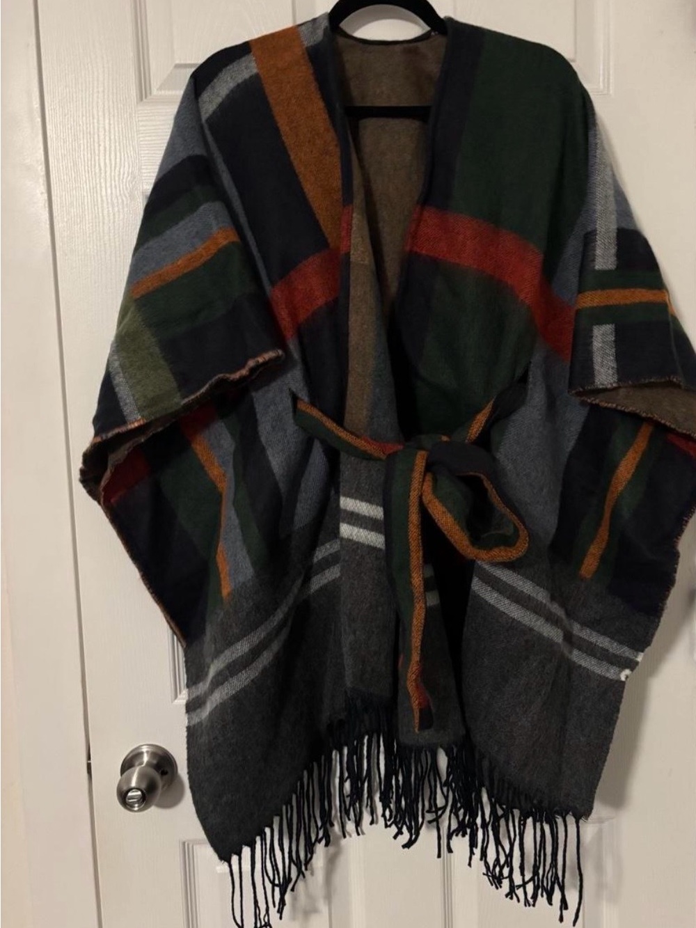 Plaid Fringe Wrap Cape With Belt- Green, Gray & Rust Size Large